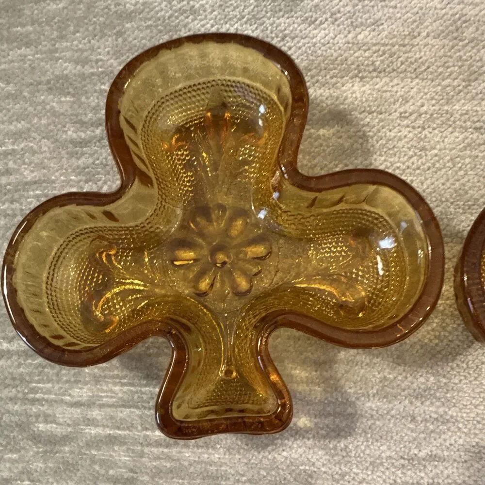 1970’s Amber Glass Shamrock Trinket Dishes set 2 Floral Pattern Indiana Glass Co